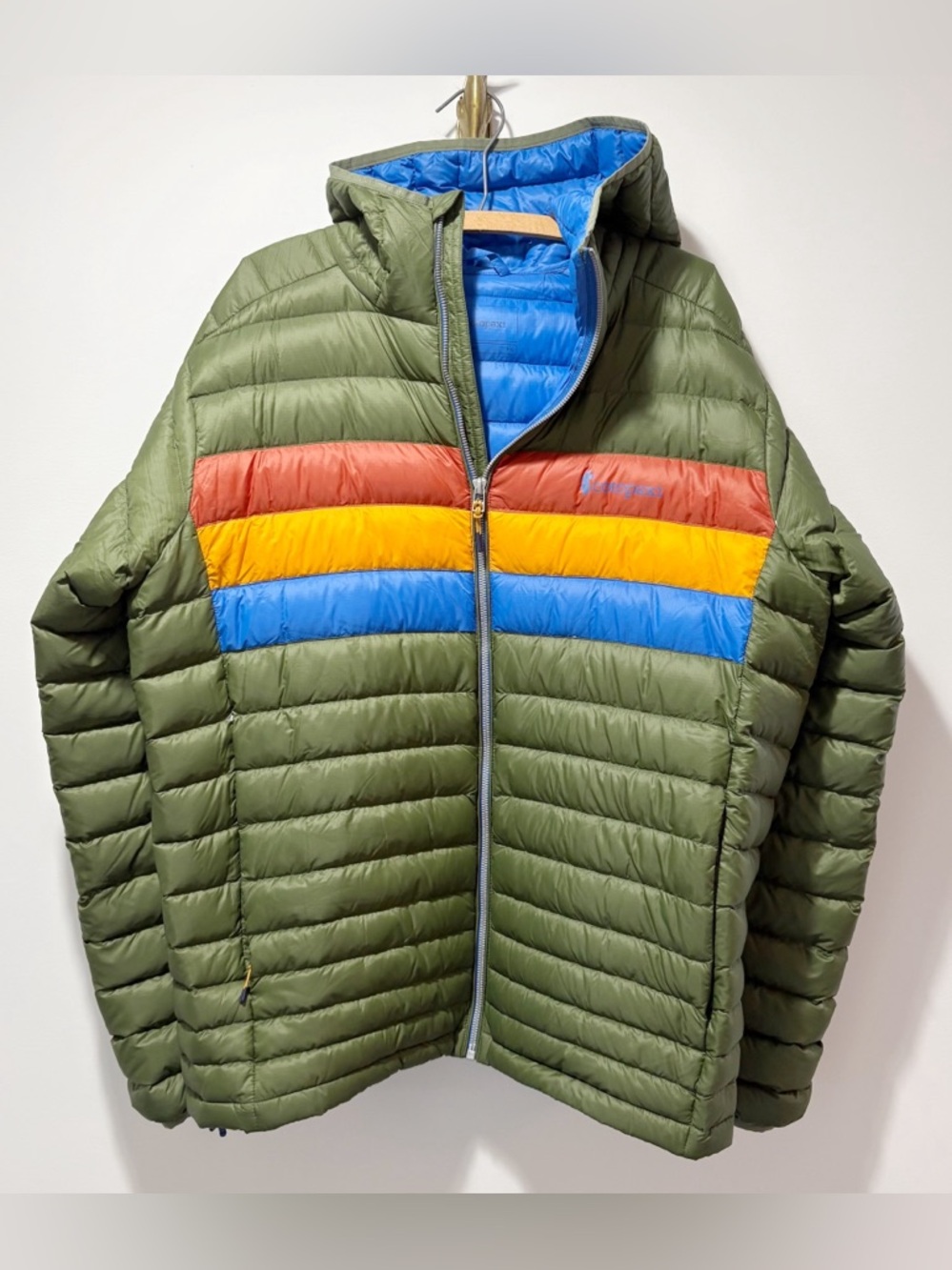 Cotopaxi Fuego 800 Fill Down Hooded Jacket Size XL Pine Green Stripes Packable